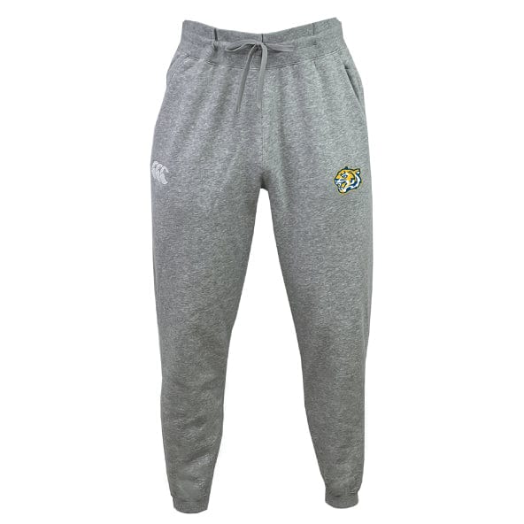 Experience comfort and style with EMB Canterbury's Noble Street College Prep Leisure Sweatpant. Made from organic cotton fleece, these gray sweatpants feature an elastic waistband, drawstring, and a striking yellow tiger head logo on the upper left pant leg—sustainable fashion at its finest.