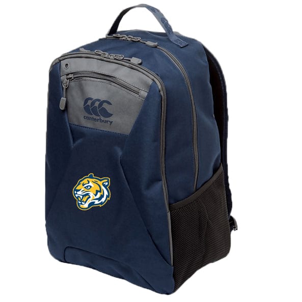 The Noble Street College Prep Medium Backpack by EMB Canterbury features a padded laptop pocket, tiger logo, gray zippers, and mesh side pocket. Designed with Vaposhield technology, it blends style and functionality for any adventure.