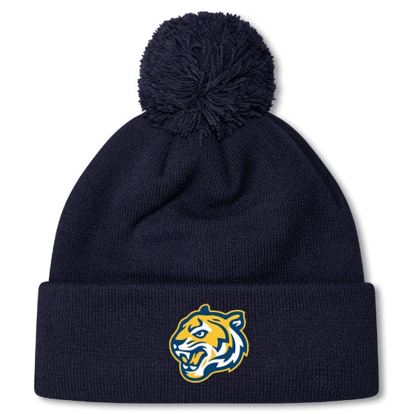 Navy blue Noble Street College Prep Pom Pom Beanie by EMB Canterbury with a pom-pom on top, featuring an embroidered yellow tiger logo on the front.