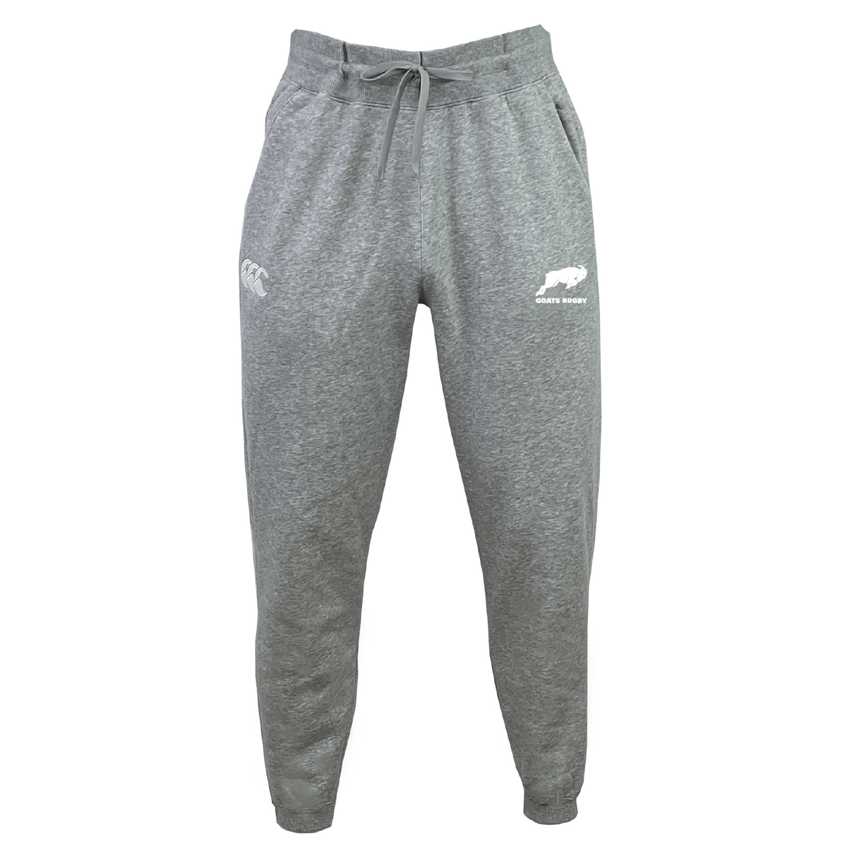 The Omaha GOATS Rugby Leisure Sweatpant by EMB Canterbury showcases gray sweatpants made from recycled polyester and organic cotton, complete with an elastic waistband, drawstring, ribbed ankle cuffs, and logos on the upper thigh areas.