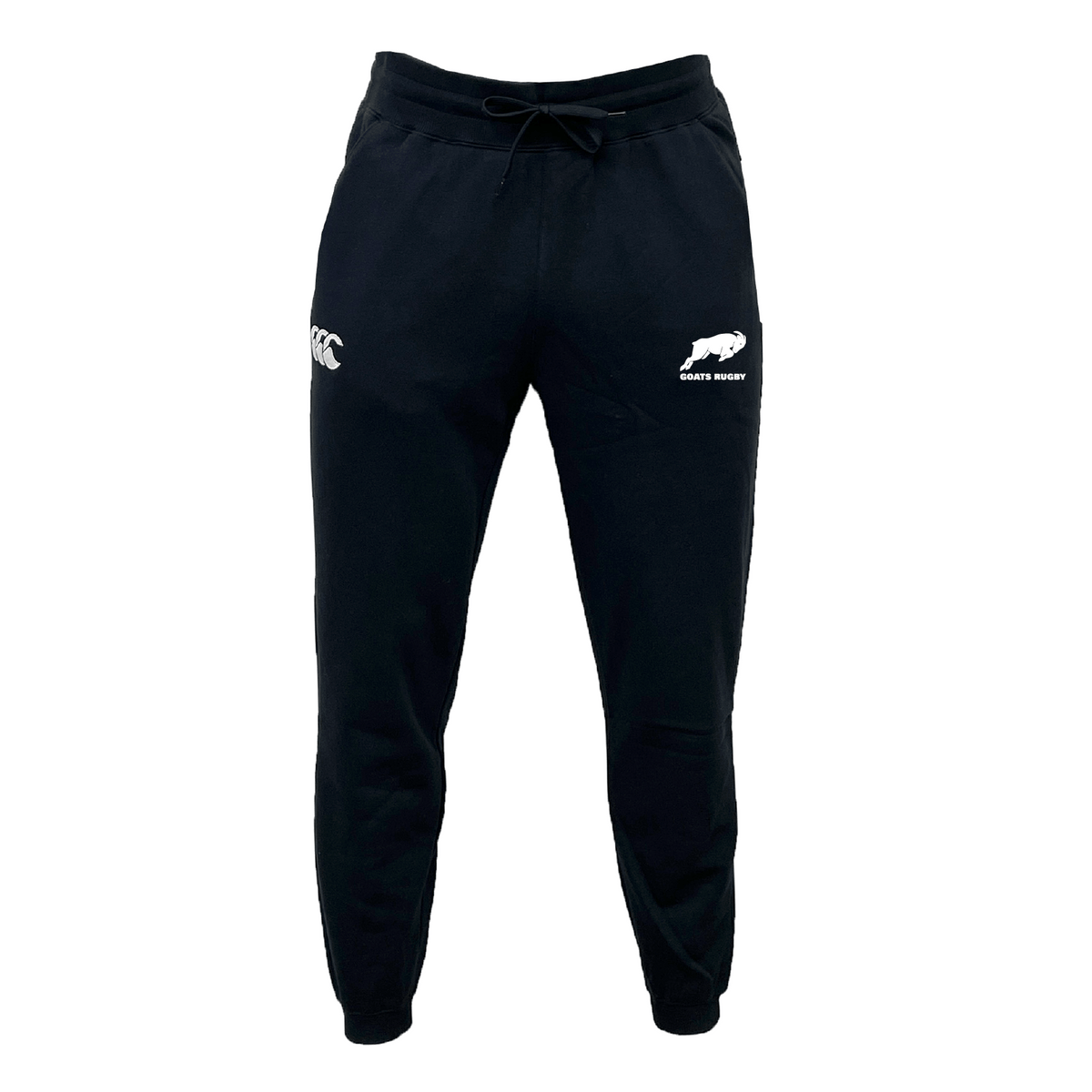Omaha GOATS Rugby Leisure Sweatpant by Canterbury from EMB Canterbury, black sweatpants made of recycled polyester, featuring a drawstring and logos on both the left and right sides.