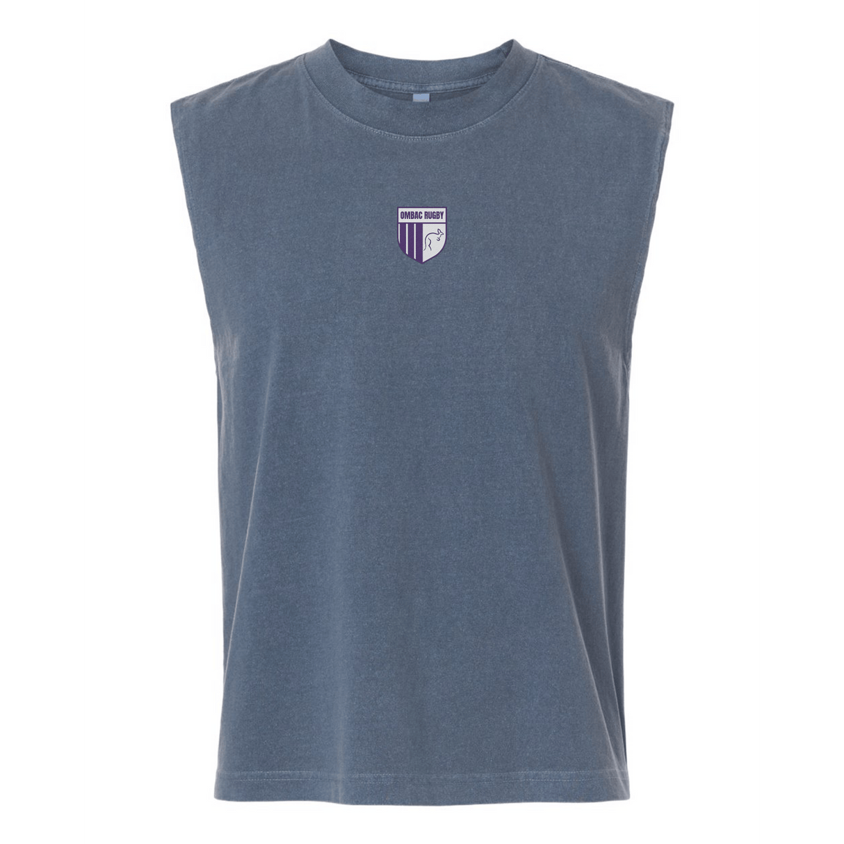 The OMBAC Youth Rugby Unisex Muscle Tee by EMB S&S Activewear is a sleeveless blue-gray shirt with a small purple and white shield logo and “Orange Rugby” text on the upper left chest.