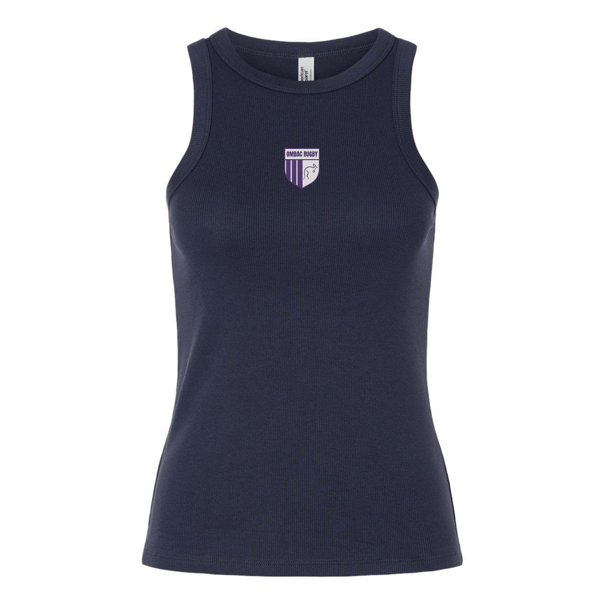 The Women's OMBAC Youth Rugby Baby Rib Tank by EMB S&S Activewear is a navy blue sleeveless top featuring a small purple and white chest crest, perfect as a custom women’s rugby tank.