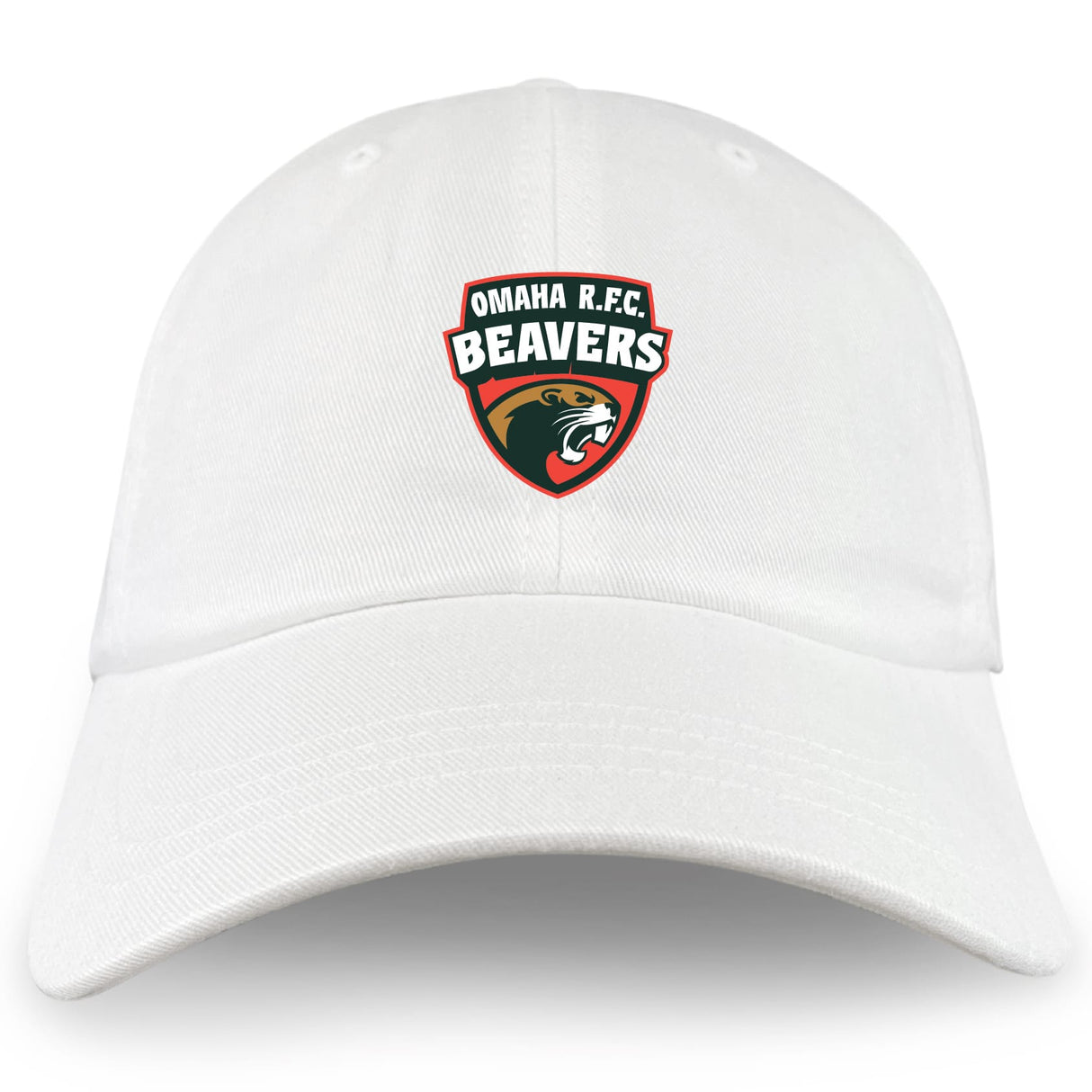 The Omaha Beavers RFC Adult Low-Profile Cotton Twill Dad Cap by EMB S&S Activewear features a white cotton twill build and the Omaha R.F.C. Beavers logo with red, black, and gold embroidered team branding.