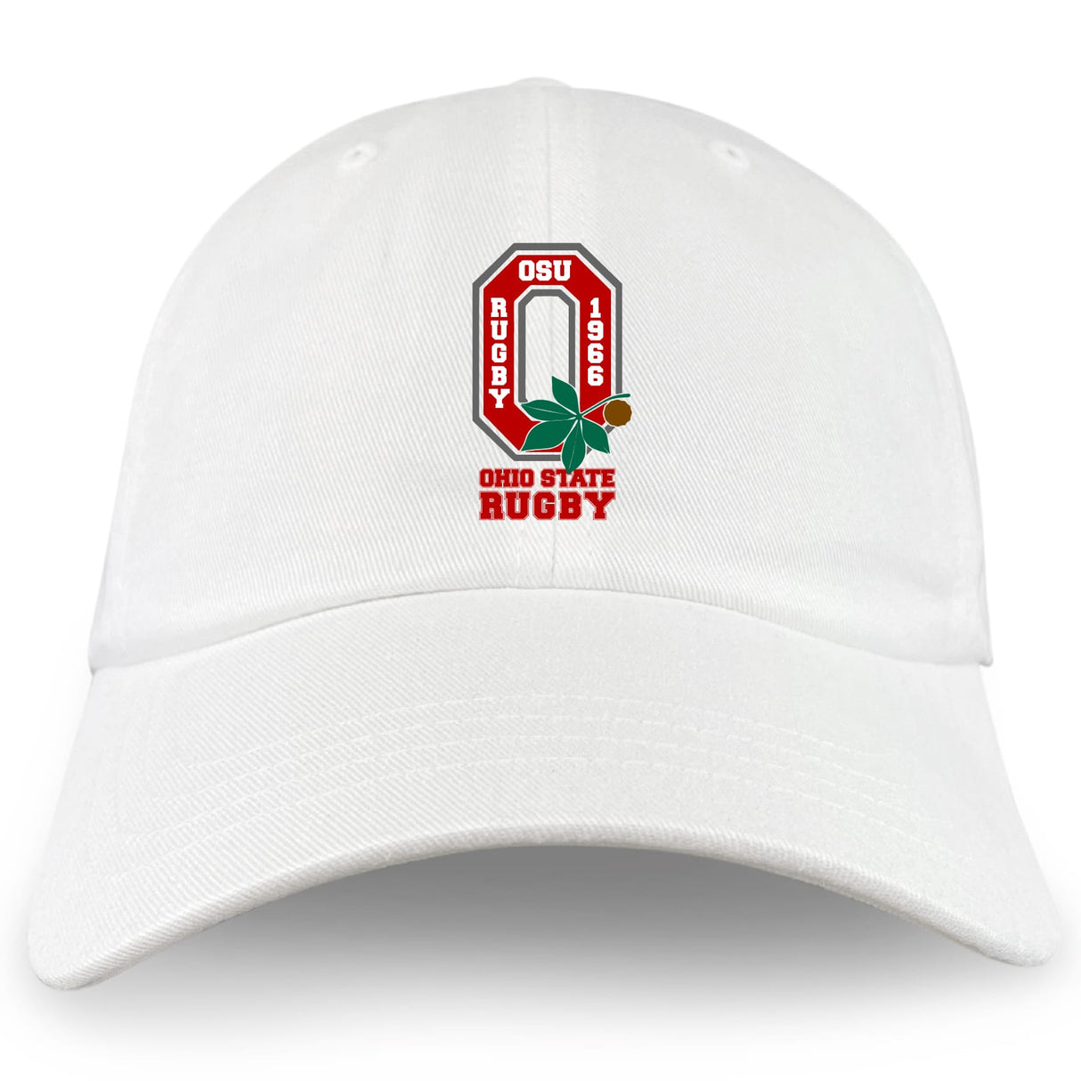The Ohio State University Alumni Adult Low-Profile Cotton Twill Dad Cap by EMB S&S Activewear features embroidered "OSU Rugby 1966," the team logo, and a rugby ball graphic on the front.