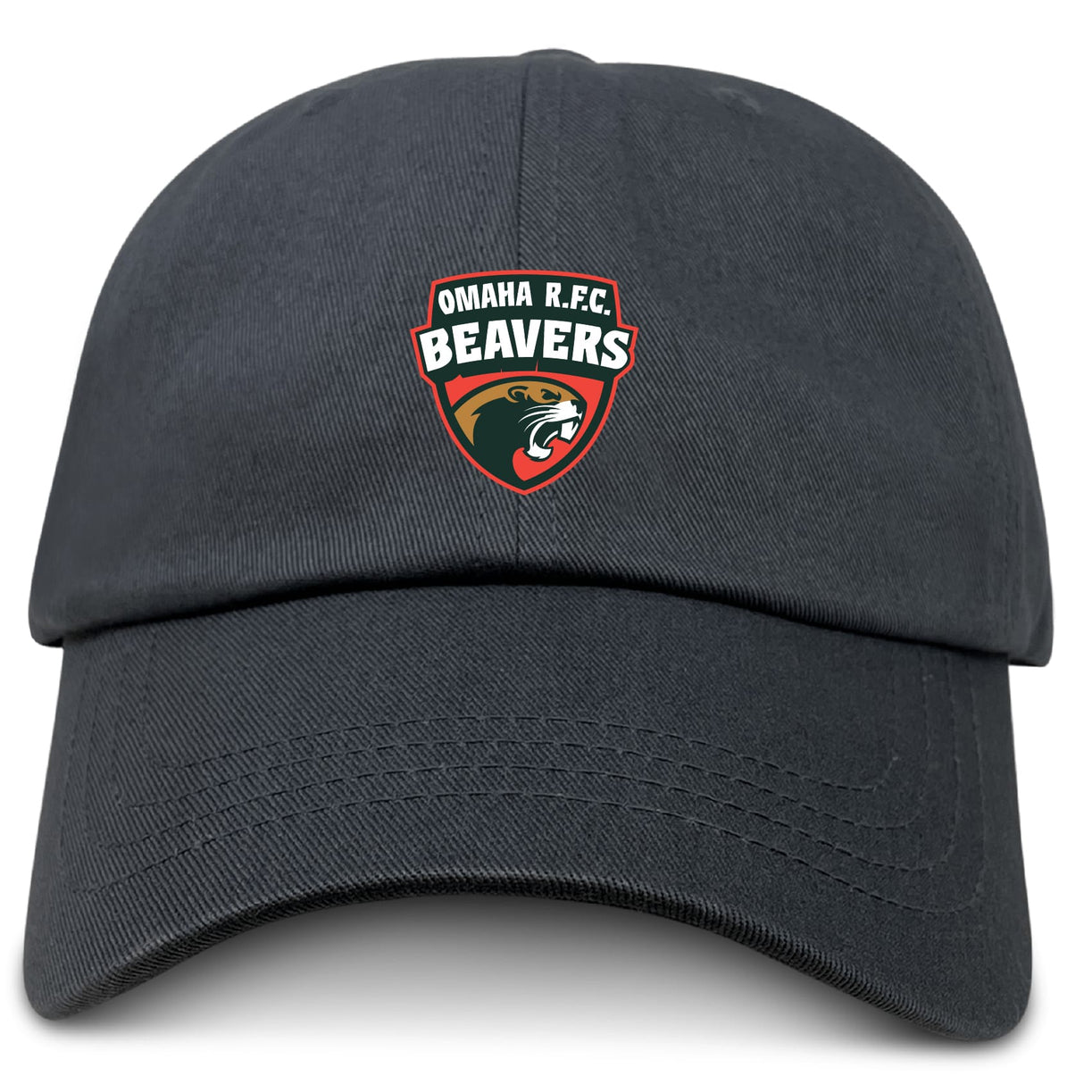 The EMB S&S Activewear Omaha Beavers RFC Adult Low-Profile Cotton Twill Dad Cap features a bold embroidered beaver head and team logo on black cotton twill.