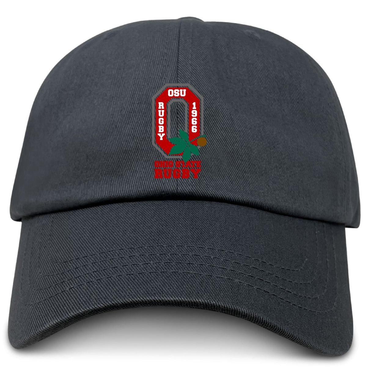 The Ohio State University Alumni Adult Low-Profile Cotton Twill Dad Cap by EMB S&S Activewear features embroidered “OSU Rugby 1966,” a rugby player, and “Ohio State Rugby” on the front.