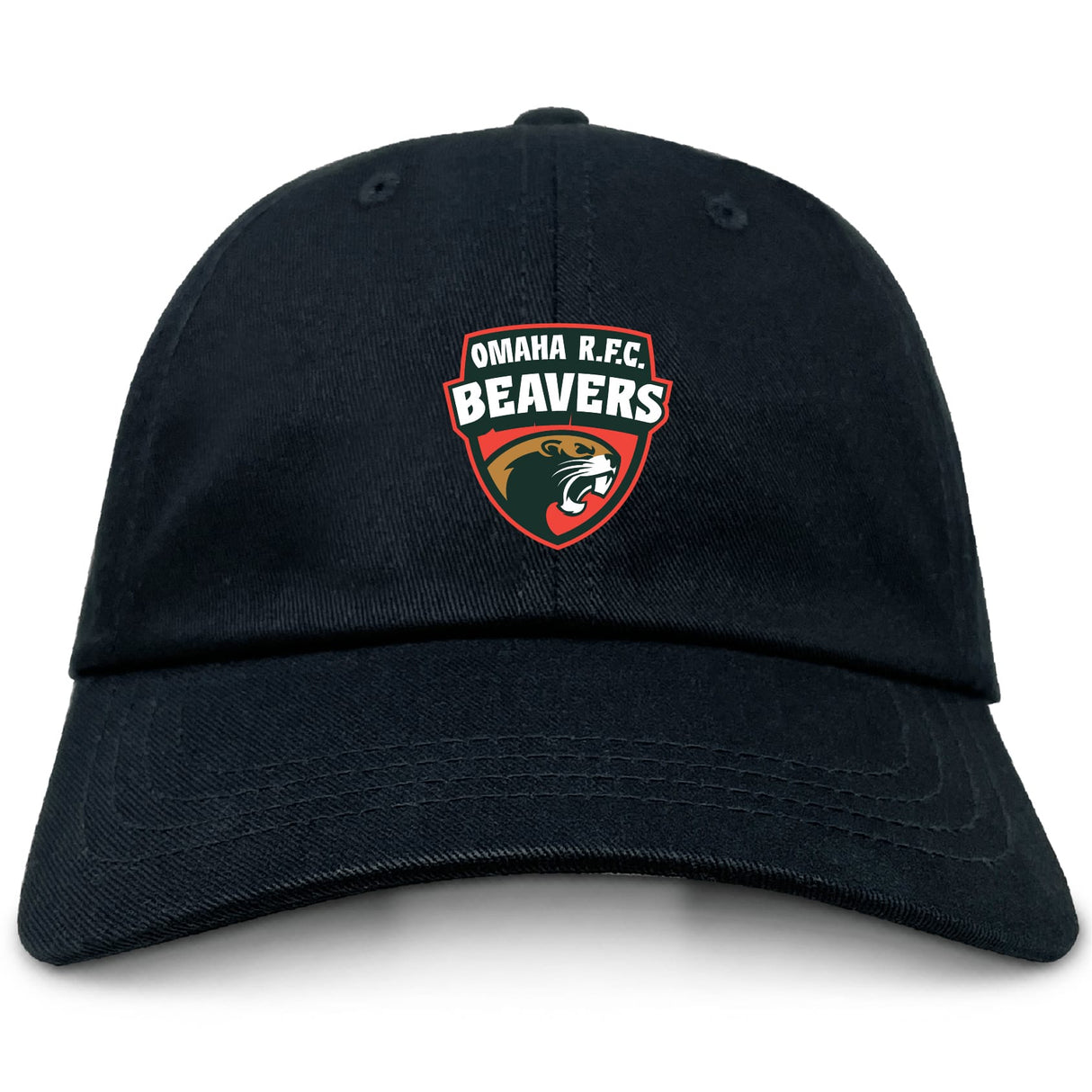 The EMB S&S Activewear Omaha Beavers RFC Adult Low-Profile Cotton Twill Dad Cap features team embroidery with a beaver head and shield logo on the front.