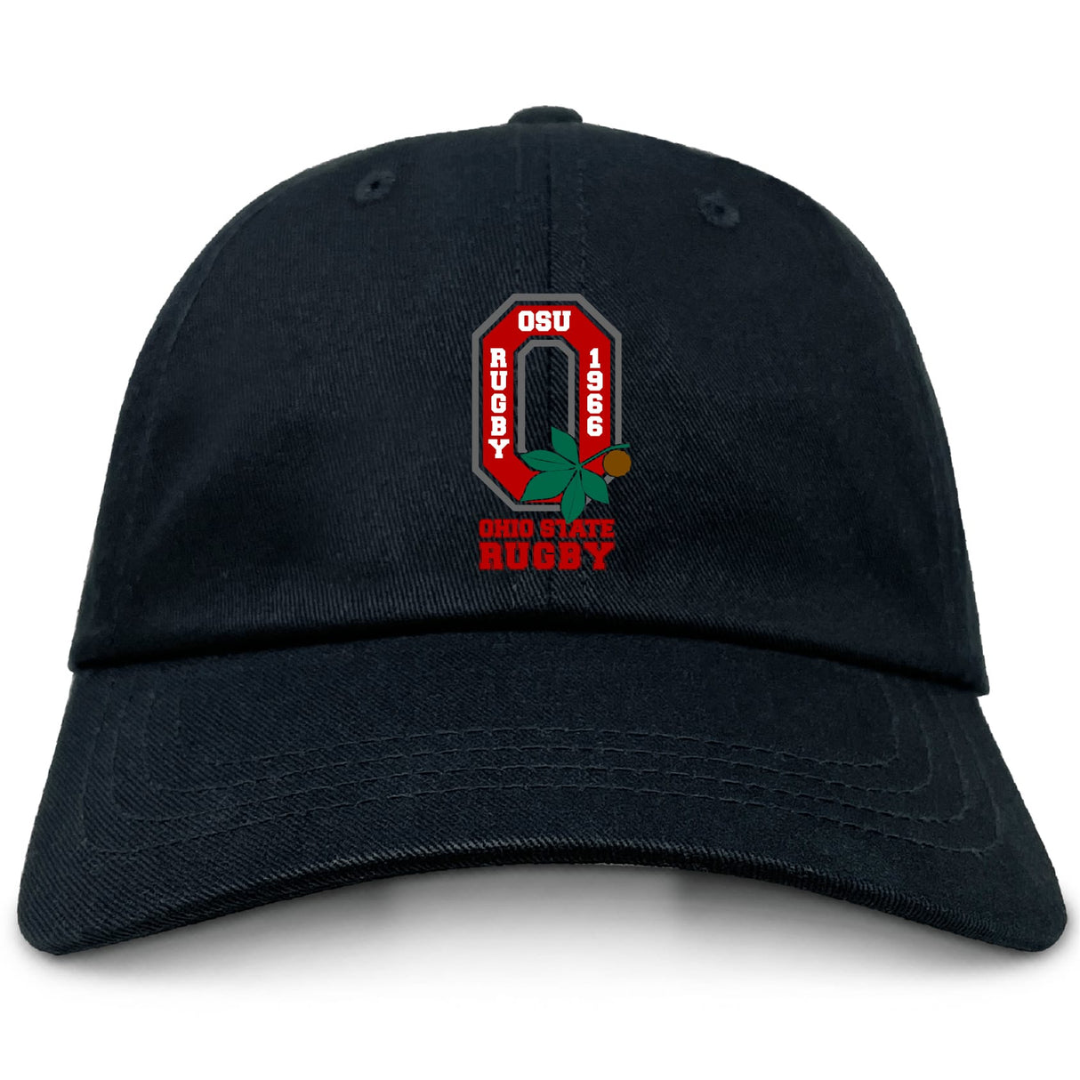 The EMB S&S Activewear Ohio State University Alumni Adult Low-Profile Cotton Twill Dad Cap features a red and white Ohio State Rugby 1966 logo with a green buckeye leaf embroidered on the front.
