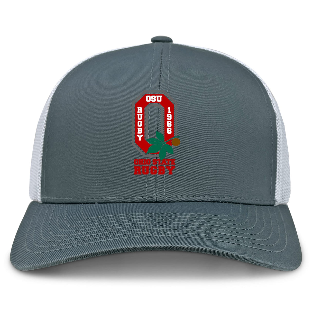 The EMB S&S Activewear Ohio State University Alumni Retro Trucker Cap is gray and white with an embroidered "OSU Rugby 1966" and "Ohio State Rugby" on the front, plus a snapback closure for adjustable comfort.