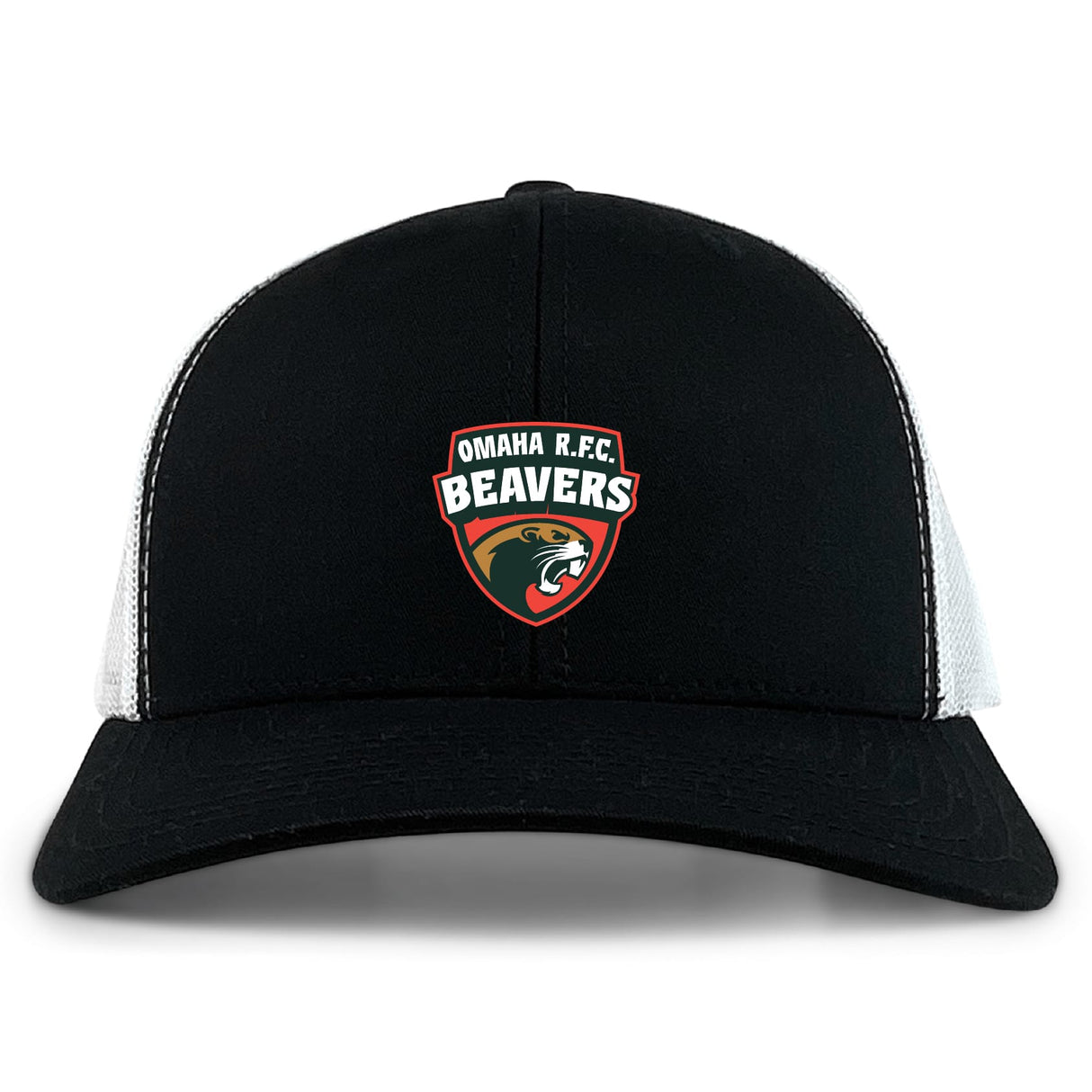 The Omaha Beavers RFC Retro Trucker Cap by EMB S&S Activewear is a black and white cap featuring the embroidered Omaha R.F.C. Beavers logo on the front and a snapback closure for comfort.