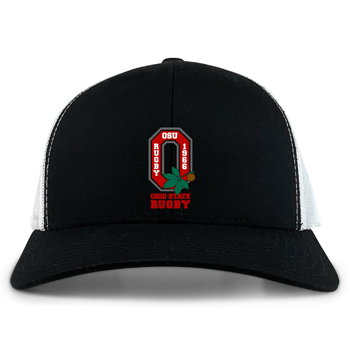 The Ohio State University Alumni Retro Trucker Cap by EMB S&S Activewear features a black and white design with "OSU Rugby 1966 Ohio State Rugby" and a buckeye leaf embroidered on the front, plus an adjustable snapback for comfort.