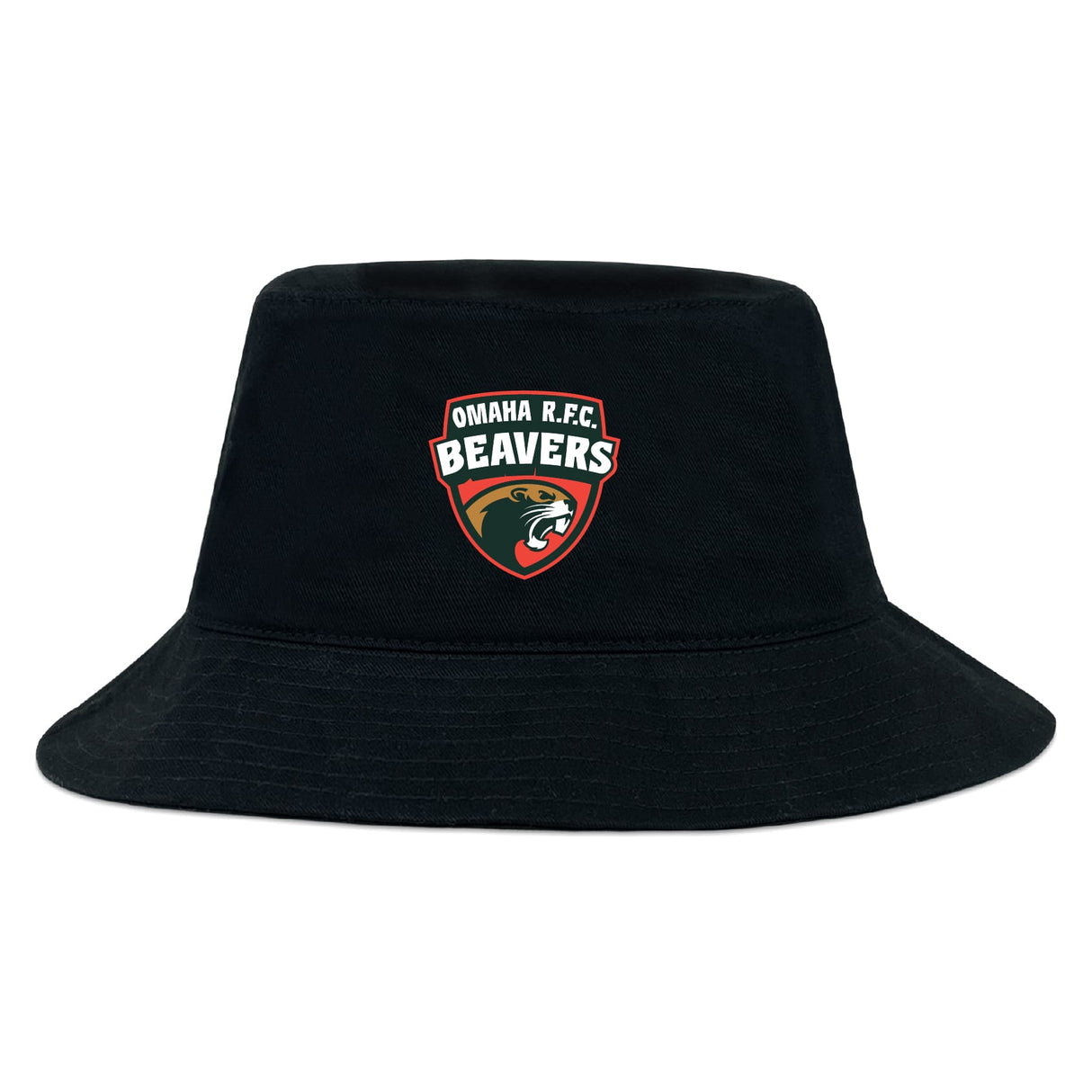 The Omaha Beavers RFC Crusher Bucket Cap by EMB S&S Activewear is a black cotton hat featuring the team's beaver graphic logo on the front—ideal sun protection for Omaha Beavers fans.