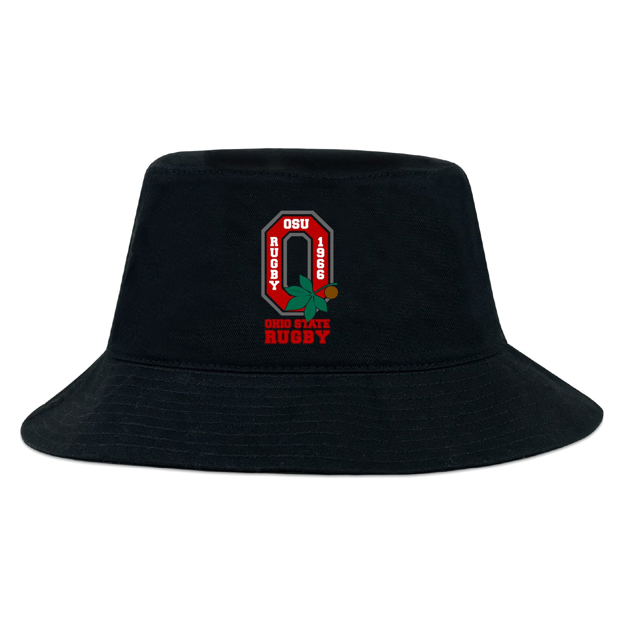 The EMB S&S Activewear Ohio State University Alumni Crusher Bucket Cap features a red "O," green leaf, and "OSU Rugby 1966" plus "Ohio State Rugby" in red for classic style and sun protection.