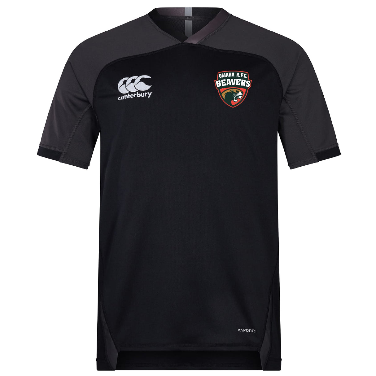 The Omaha Beavers RFC Vapodri Evader Jersey by EMB Canterbury is a black, short-sleeve rugby jersey with moisture-wicking tech, featuring the Canterbury logo on the right chest and an "Omaha F.C. Beavers" badge on the left.