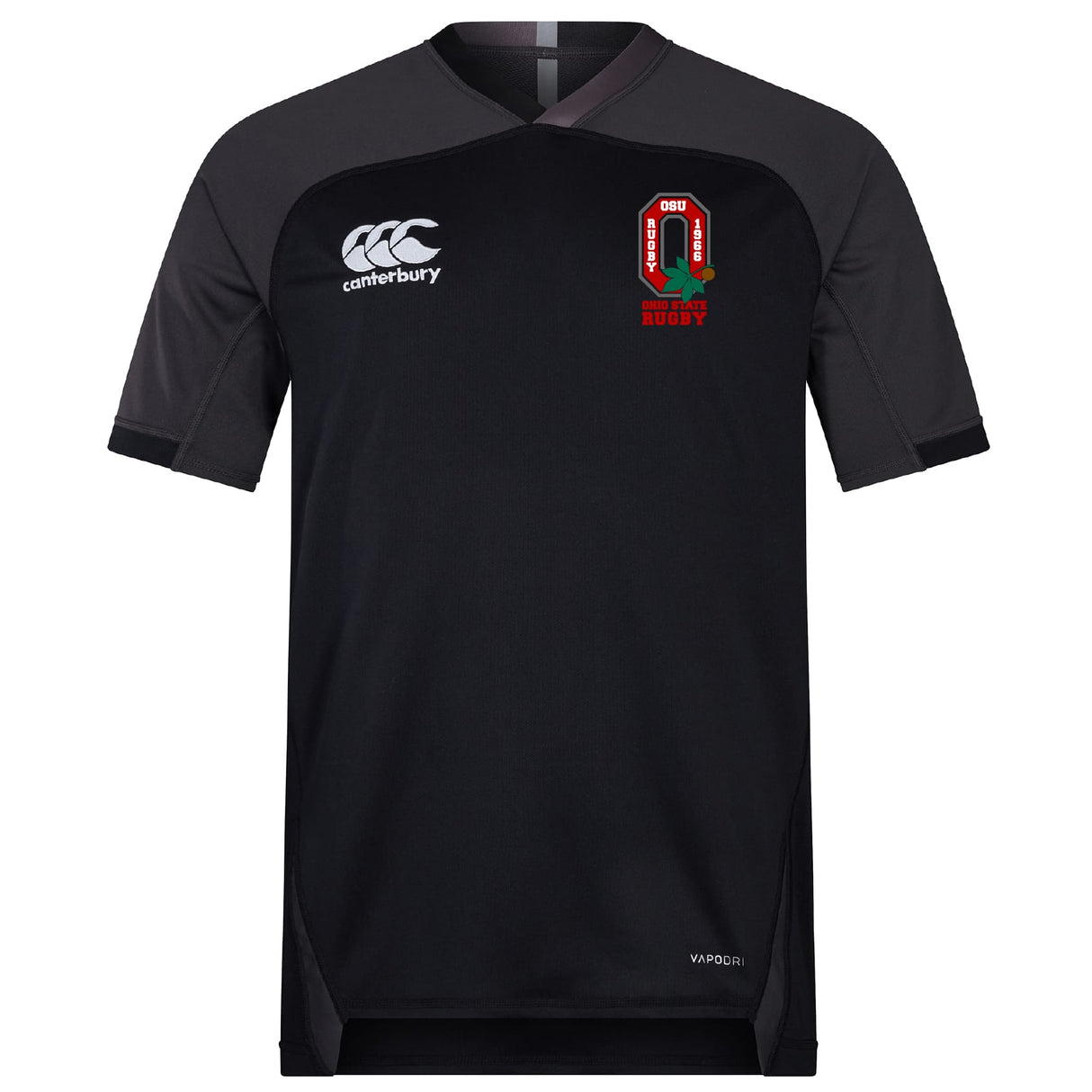 The EMB Canterbury Ohio State University Alumni Vapodri Evader Jersey features black short sleeves, dark grey shoulders, moisture-wicking fabric, a Canterbury logo on the right chest, and a red OU Rugby crest on the left chest.
