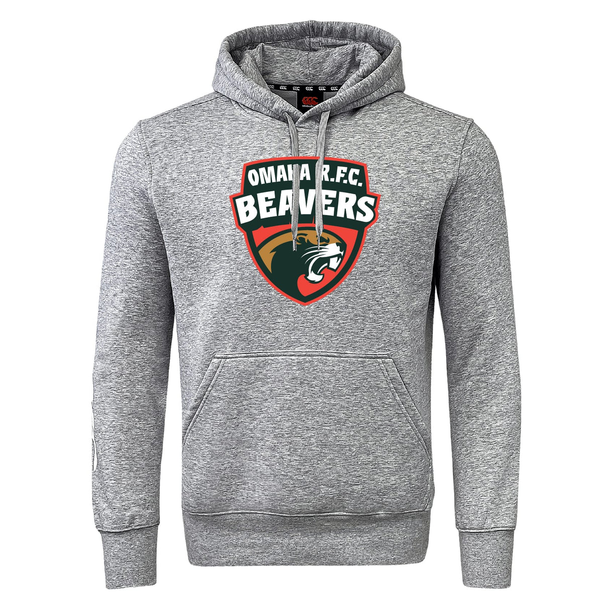 The Omaha Beavers RFC Club Hoodie by WRS Canterbury is a gray hoodie with a front pocket and a bold "Omaha R.F.C. Beavers" chest logo.
