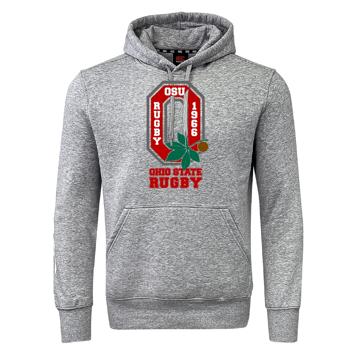 The Ohio State University Alumni Club Hoodie by WRS Canterbury features a gray hood, red and white Ohio State Rugby logo, buckeye leaf, and "OSU Rugby 1966 Ohio State Rugby" text—perfect for showing off your club spirit.
