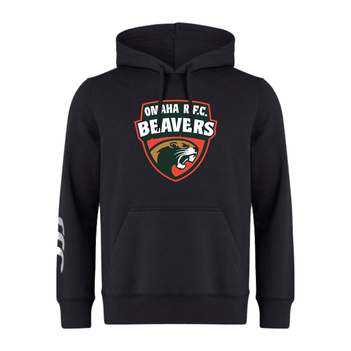 The Omaha Beavers RFC Club Hoodie by WRS Canterbury features a front pocket, "OMAHA R.F.C. BEAVERS" logo with beaver graphic on the chest, and white stripes on the left sleeve. Ideal team hoodie for fans or players.