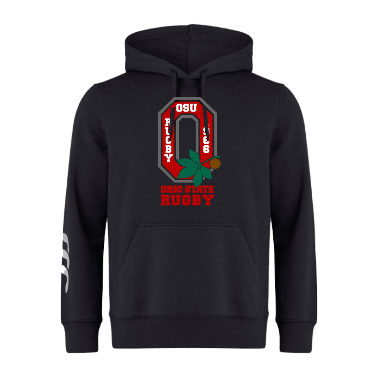 The Ohio State University Alumni Club Hoodie by WRS Canterbury features a large "O" with "OSU Rugby" text and a buckeye leaf graphic on the front, plus a white sleeve graphic.