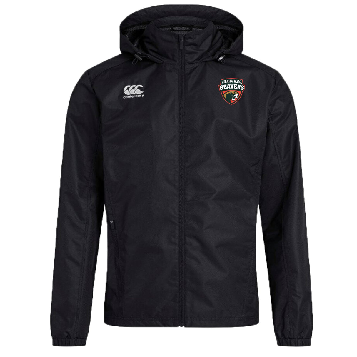 The Omaha Beavers RFC Club Vaposhield Stadium Jacket by EMB Canterbury is a black, hooded, padded jacket with a zipper, featuring the Canterbury logo on the right chest and the Orrell RUFC Beavers crest on the left.