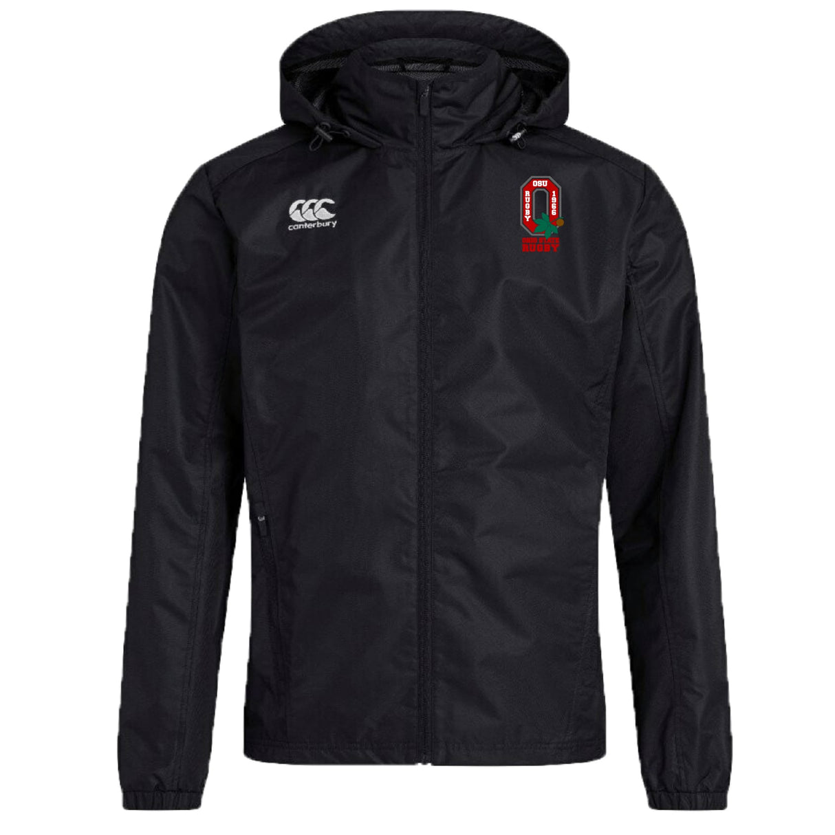 The EMB Canterbury Ohio State University Alumni Club Vaposhield Full Zip Rain Jacket is a black hooded rain jacket with the Canterbury logo on the right chest and a red and green crest on the left, made with VapoShield water-resistant technology.