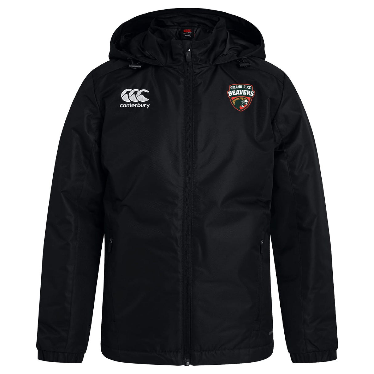 The Omaha Beavers RFC Club Vaposhield Full Zip Rain Jacket by EMB Canterbury features the Canterbury logo on the right chest and Beavers crest on the left. Water-resistant—ideal for wet weather training. Shown on a plain white background.