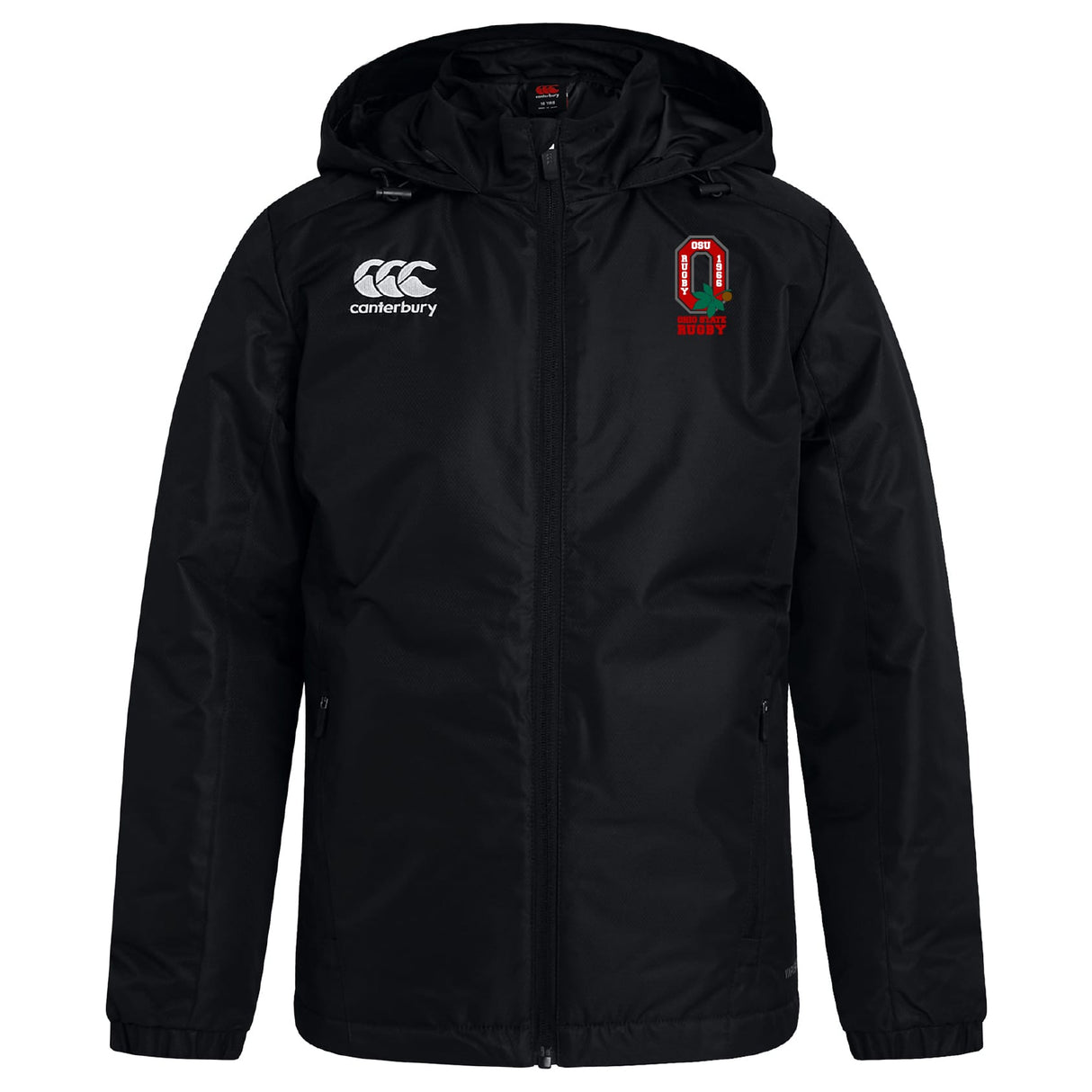 The EMB Canterbury Ohio State University Alumni Club Vaposhield Stadium Jacket features a black hood, zip front, the Canterbury logo on the right chest, and a red and green embroidered club emblem on the left chest.