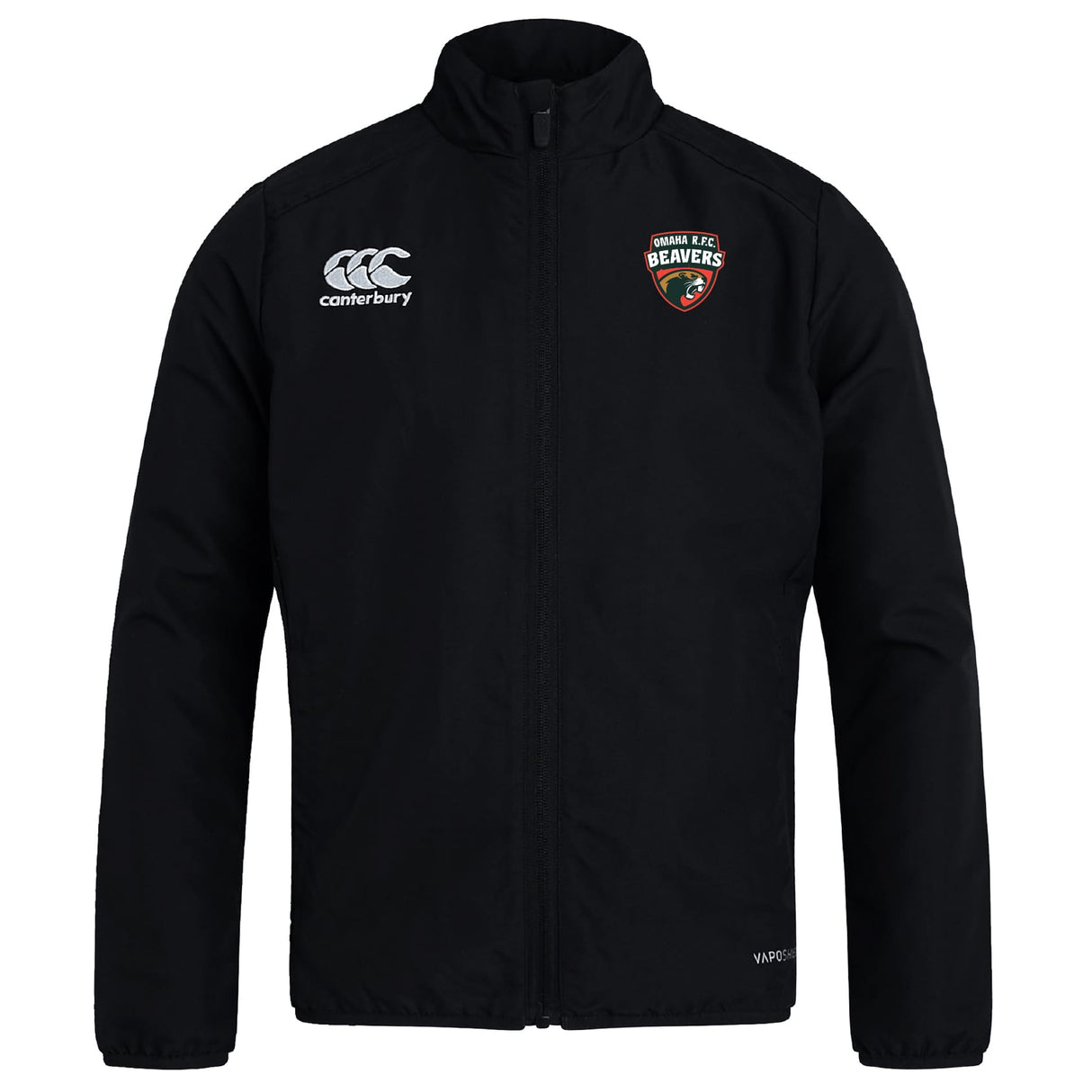 The Omaha Beavers RFC Club Track Jacket by EMB Canterbury features a black zip-up design, a white Canterbury logo on the right chest, and an OMAHA Rugby Beavers patch on the left—offering lightweight style and comfort for all fans.