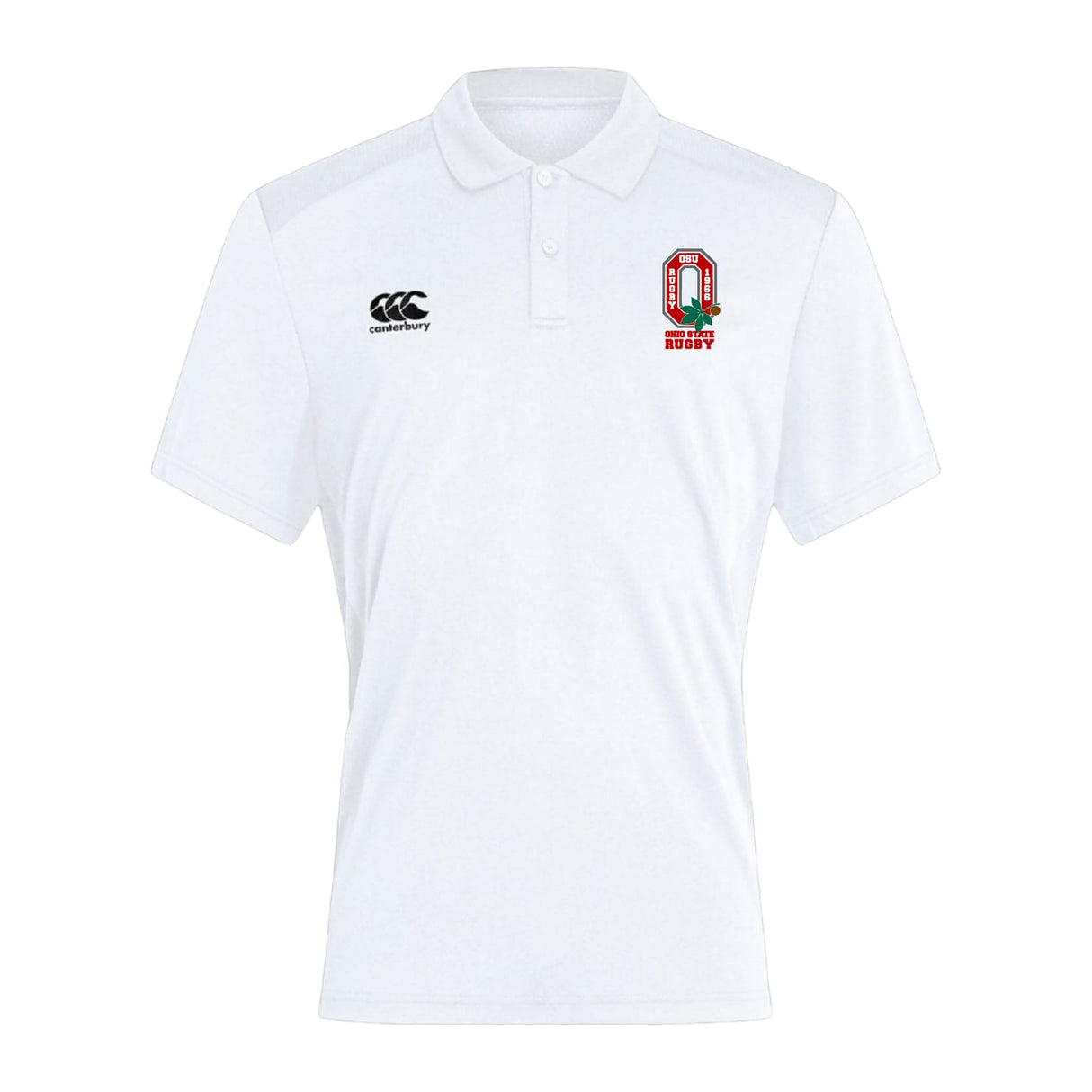 The Ohio State University Alumni Club Dry Polo by EMB Canterbury features Vapodri Technology for moisture management, the Canterbury logo on the right chest, and a red and green rugby emblem on the left chest.
