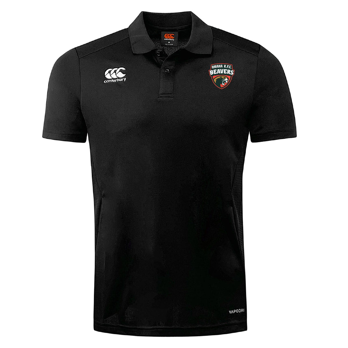 The Omaha Beavers RFC Club Dry Polo by EMB Canterbury is a black short-sleeve polo with collar, "BEAVERS" badge on left chest, Canterbury logo on right, and Vapodri Technology for breathable comfort.
