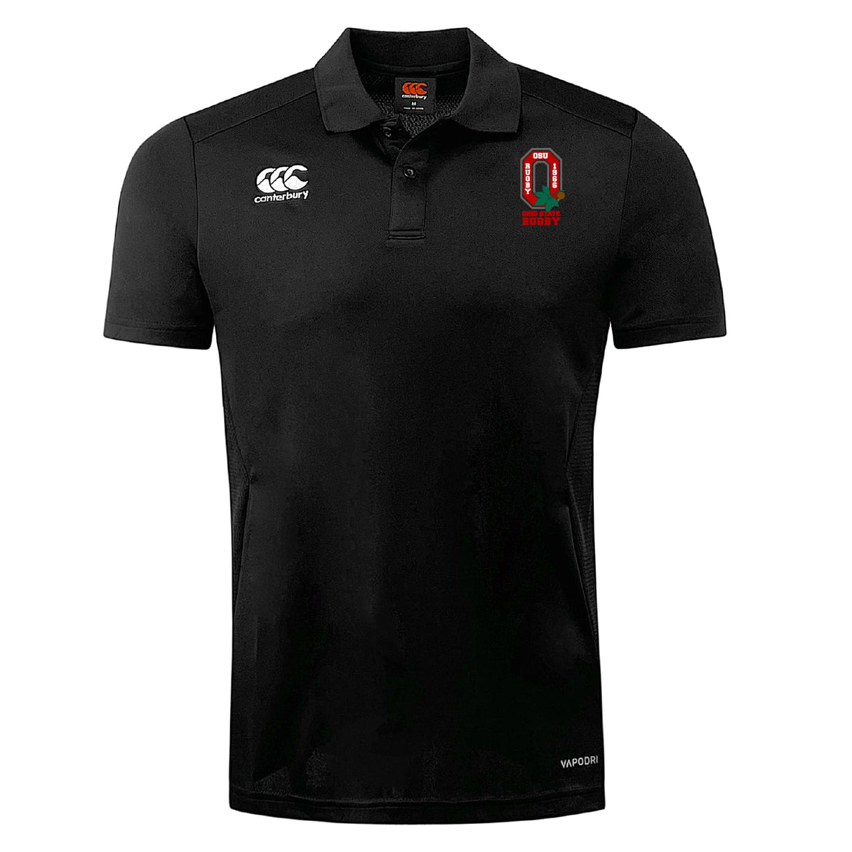 The Ohio State University Alumni Club Dry Polo by EMB Canterbury is a black short-sleeve polo with a collar, chest embroidery, and three-button placket. Vapodri Technology ensures breathability and comfort.