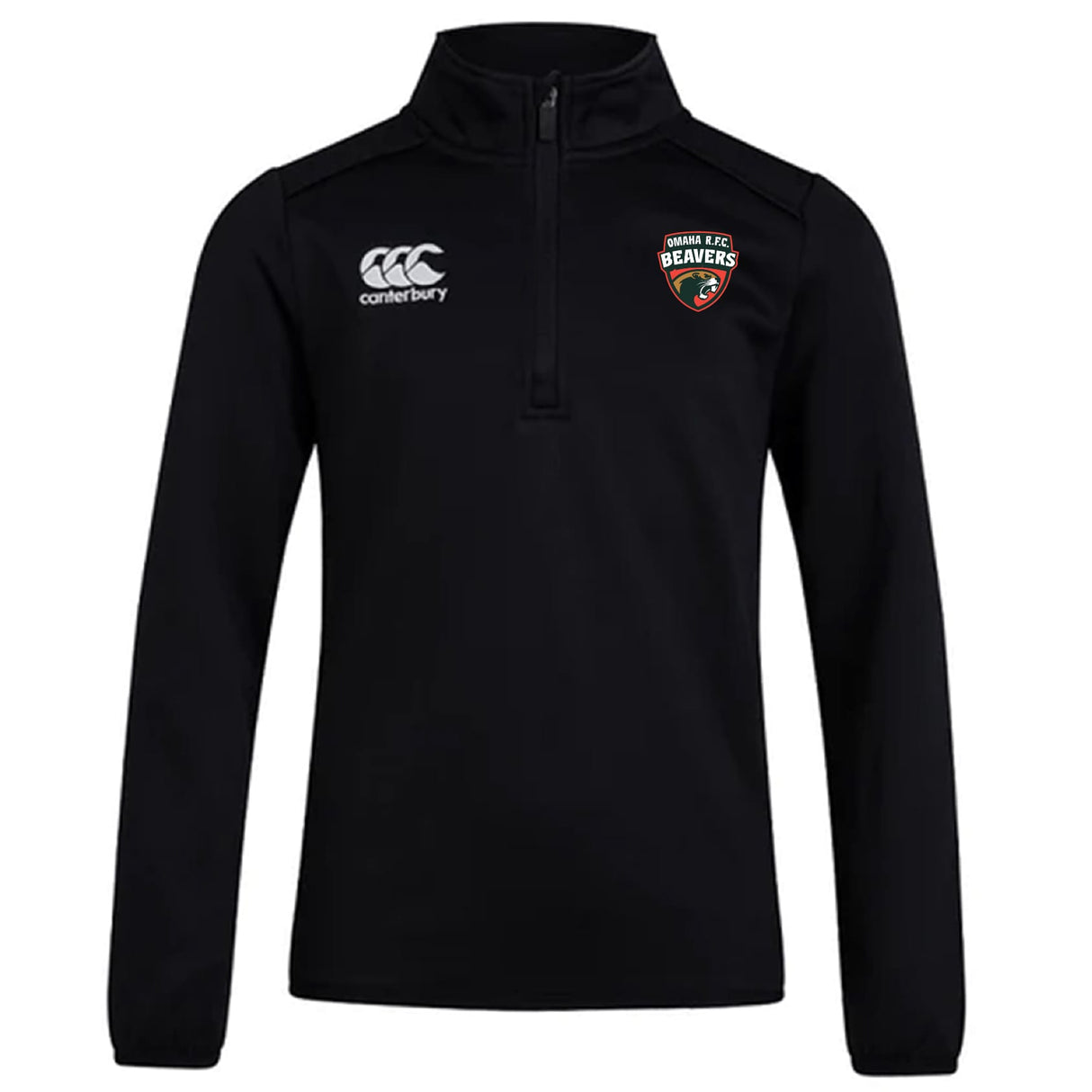The EMB Canterbury Omaha Beavers RFC Club 1/4 Zip Mid Layer Training Top is a black pullover with the Canterbury logo on the right chest and a "Beavers" logo on the left—ideal for rugby training.