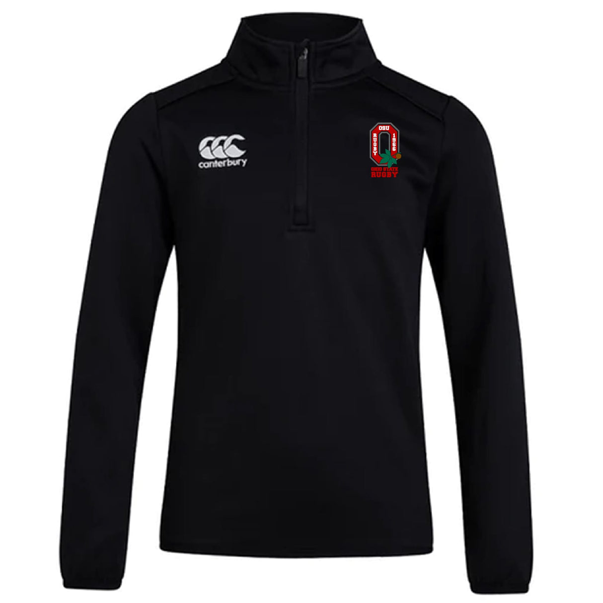 The EMB Canterbury Ohio State University Alumni Club 1/4 Zip Mid Layer Training Top features a black design with logo detailing—ideal for rugby training sessions.