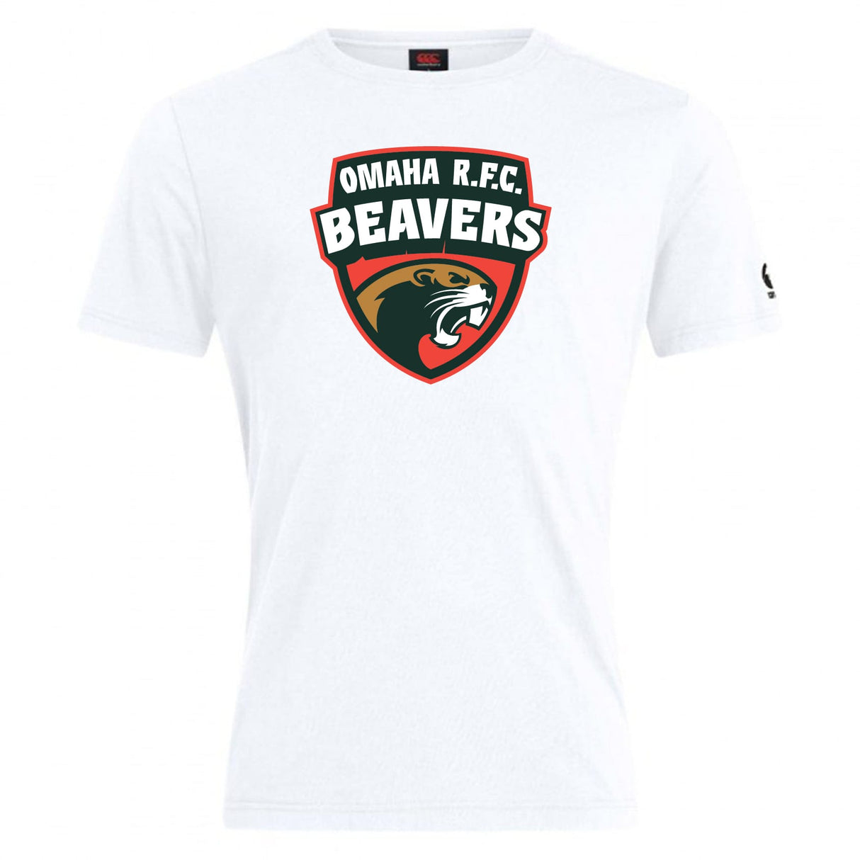 The Omaha Beavers RFC Club Plain Tee by WRS Canterbury is a white cotton blend customizable t-shirt featuring the "Omaha R.F.C. Beavers" beaver head logo—perfect for fans and players.