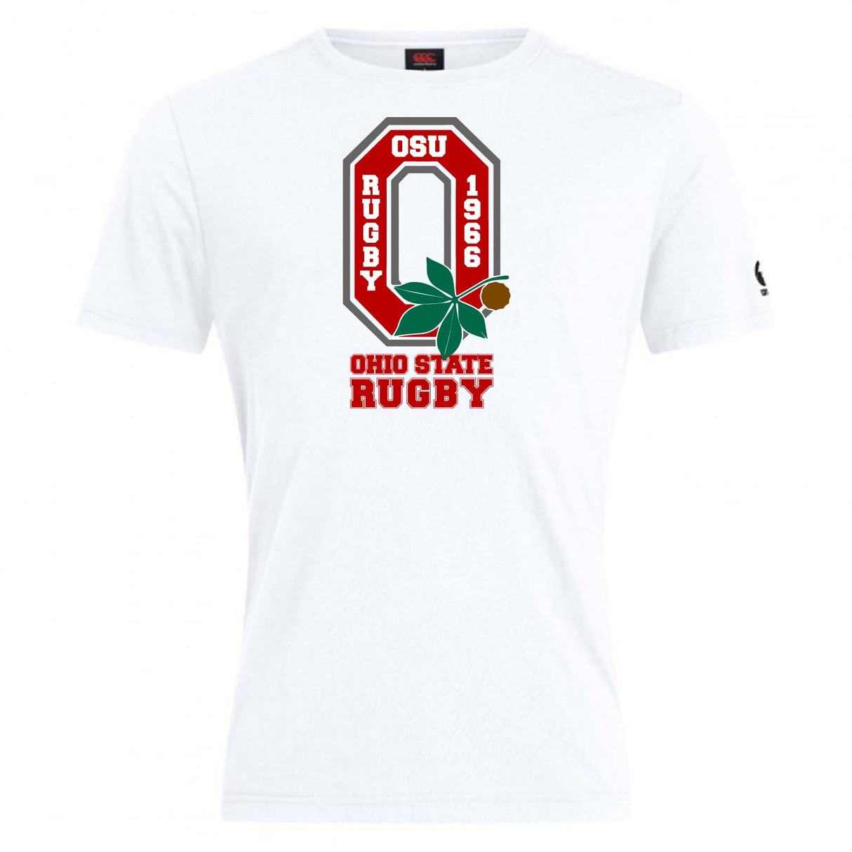 The Ohio State University Alumni Club Plain Tee by WRS Canterbury features a large red "O" logo with "OSU Rugby 1966," a buckeye leaf, and "Ohio State Rugby" text. This customizable cotton blend tee is perfect for fans and players.