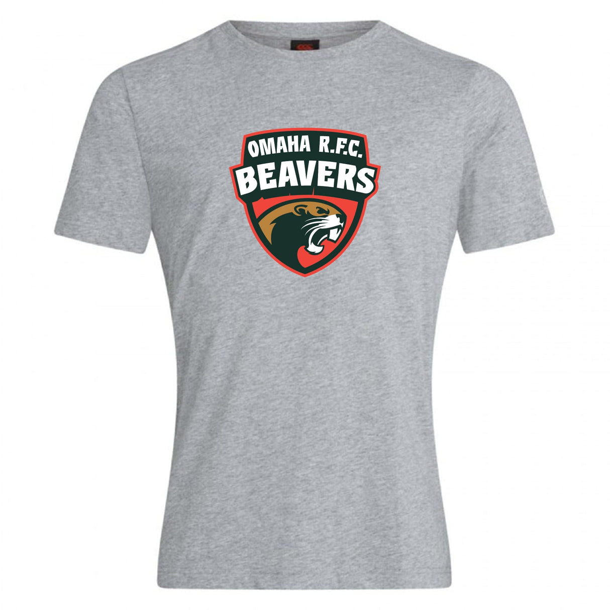The Omaha Beavers RFC Club Plain Tee by WRS Canterbury is a gray cotton blend shirt featuring the club’s stylized beaver head logo and bold chest text.