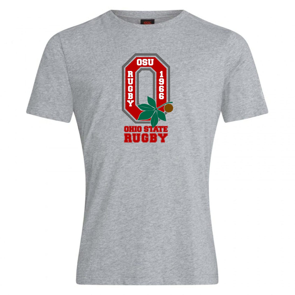 The Ohio State University Alumni Club Plain Tee by WRS Canterbury is a gray cotton blend shirt featuring a red and white OSU Rugby 1966 logo, buckeye leaf, and "Ohio State Rugby" text on the front.
