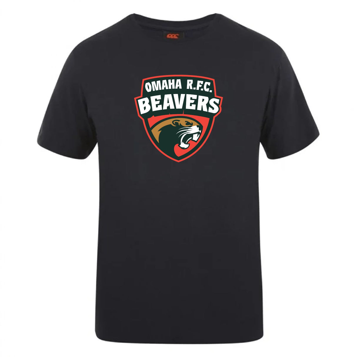 The Omaha Beavers RFC Club Plain Tee by WRS Canterbury is a black cotton blend shirt featuring the Omaha R.F.C. Beavers logo with a stylized beaver graphic on the chest.
