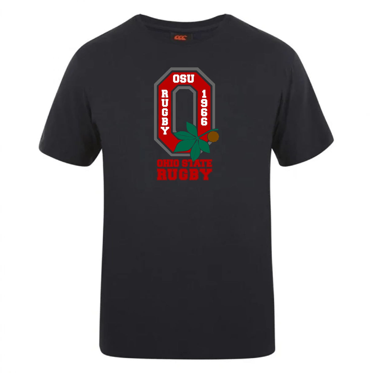 The Ohio State University Alumni Club Plain Tee by Canterbury features a red and gray OSU rugby logo with a leaf, "OSU Rugby 1966" and "Ohio State Rugby" text. Enjoy this comfy cotton blend t-shirt from WRS Canterbury—perfect for fans!.