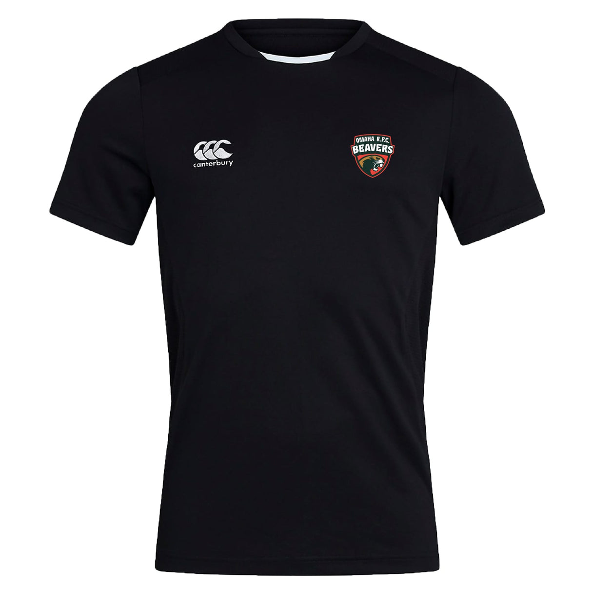 The Omaha Beavers RFC Club Dry Tee by EMB Canterbury is a black, breathable workout shirt featuring the Canterbury logo on the right chest and the Omaha Beavers logo on the left for comfort during any activity.
