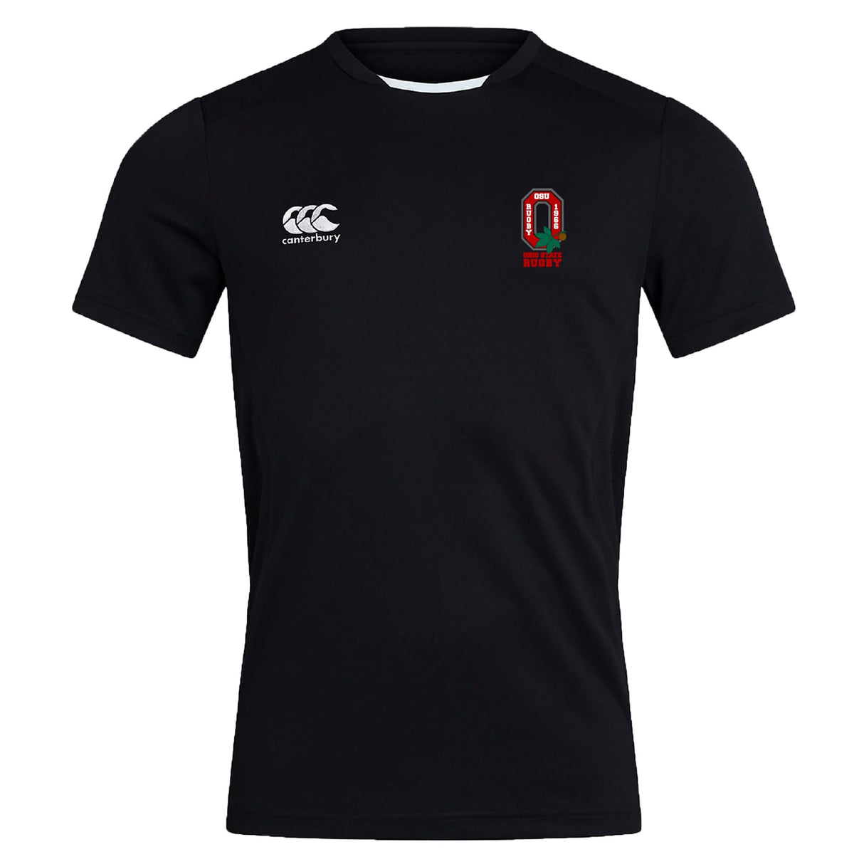 The Ohio State University Alumni Club Dry Tee by EMB Canterbury is a plain black short sleeve shirt with Vapodri Technology, a white Canterbury logo on the right chest, and a red and green embroidered crest on the left chest.
