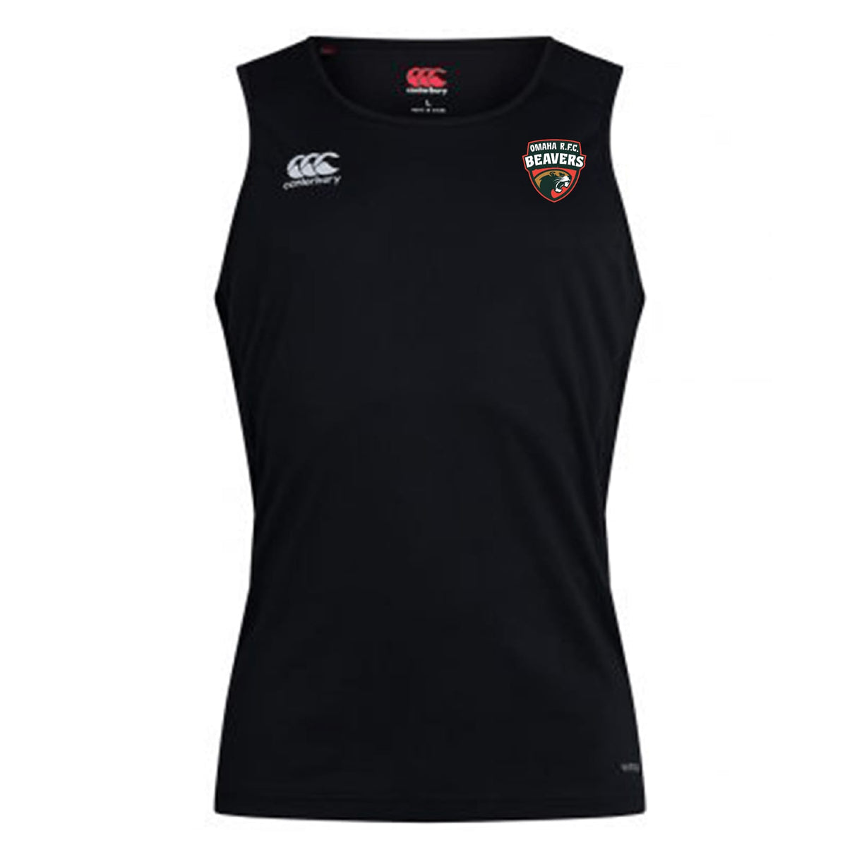 The Omaha Beavers RFC Club Dry Singlet by EMB Canterbury is a black athletic top with a "Beavers" logo on the left chest, two white Canterbury logos on the right, and Vapodri Technology for exceptional comfort and performance.