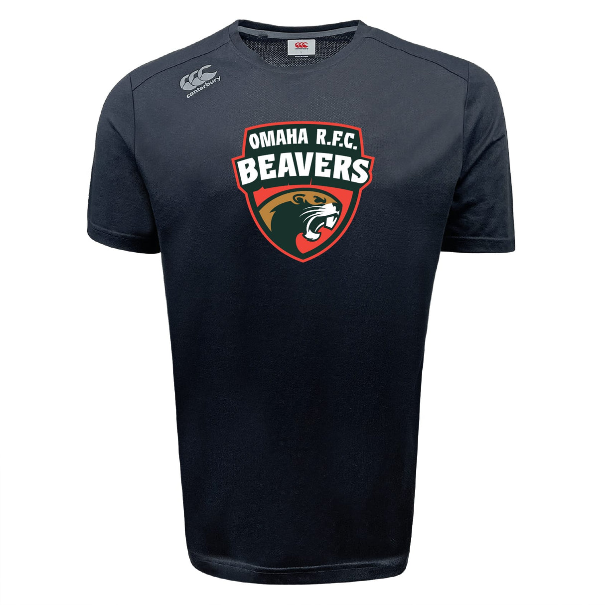 The Omaha Beavers RFC Tempo Vapodri T-Shirt by WRS Canterbury is a black, moisture-wicking sports tee featuring the team’s beaver logo and text on the front, plus Canterbury’s Vapodri logo on the right shoulder for better athletic performance.