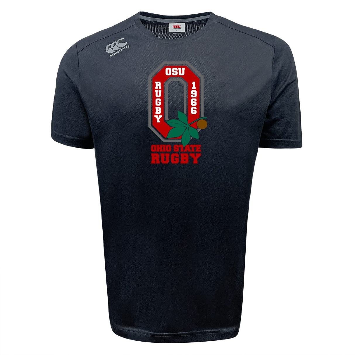 The Ohio State University Alumni Tempo Vapodri T-Shirt by WRS Canterbury features "OSU Rugby 1966," "Ohio State Rugby," a large red “O,” and a green leaf with a brown nut graphic on the front.