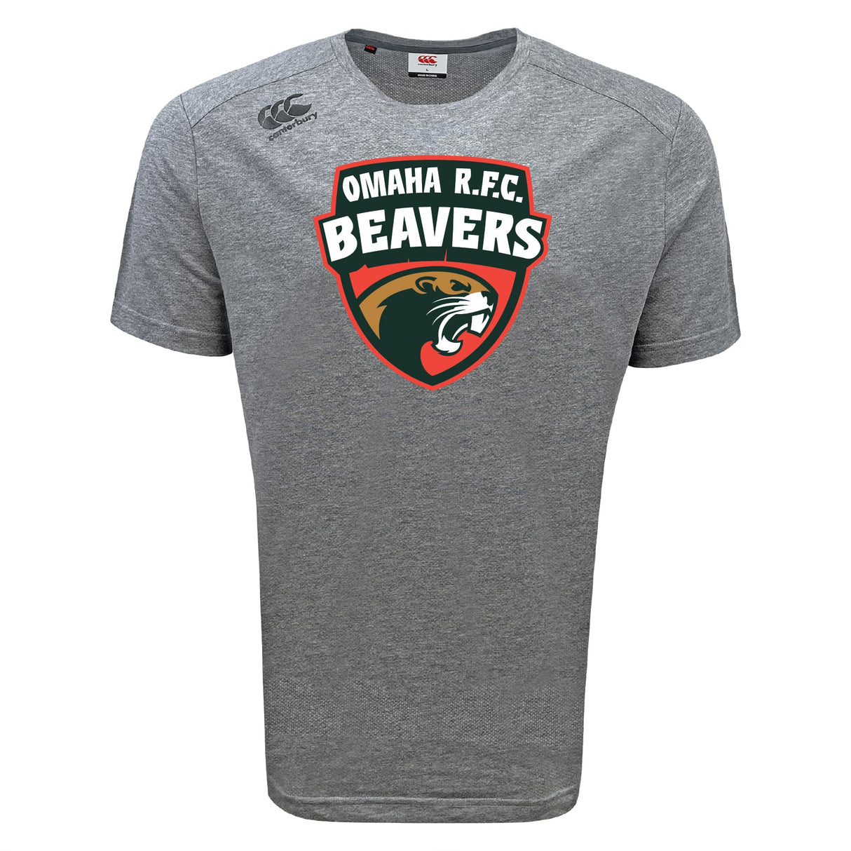 The Omaha Beavers RFC Tempo Vapodri T-Shirt by WRS Canterbury features a stylized beaver head logo on the front. This gray, moisture-wicking short-sleeve athletic shirt ensures comfort and style for any activity.