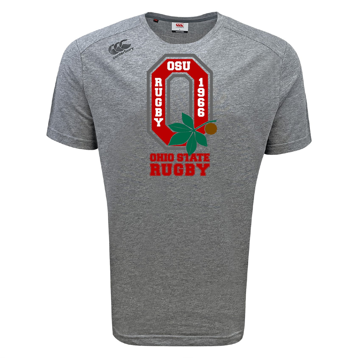 The Ohio State University Alumni Tempo Vapodri T-Shirt by WRS Canterbury features moisture-wicking fabric, "OSU Rugby 1966," a large red "O" with buckeye leaf and nut graphic—perfect for rugby fans.
