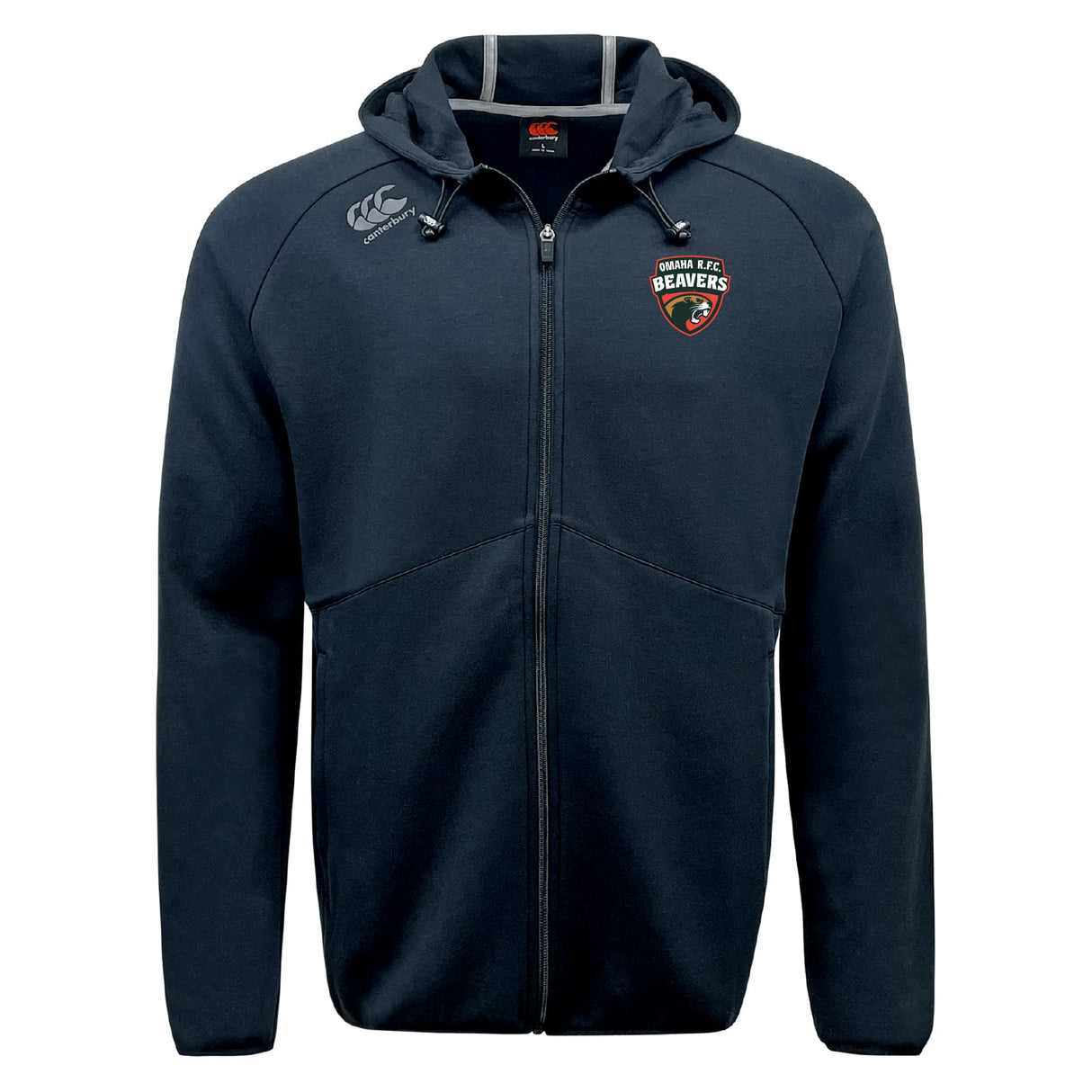 The Omaha Beavers RFC Tempo Vapodri Full-Zip Hoodie by EMB Canterbury features a left chest logo and right shoulder Canterbury mark. This black, moisture-wicking hoodie keeps you comfortable and stylish.