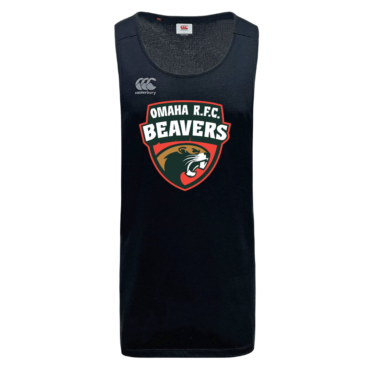 The Omaha Beavers RFC Tempo Vapodri Singlet by WRS Canterbury is a black sports jersey made with recycled polyester, featuring the Canterbury logo and a large Omaha R.F.C. Beavers beaver head emblem on the front.