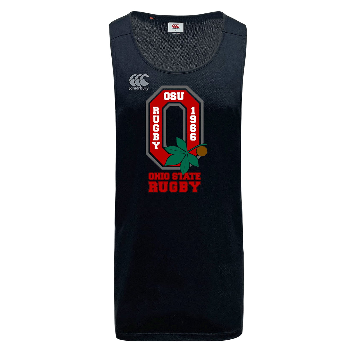 The Ohio State University Alumni Tempo Vapodri Singlet by WRS Canterbury is a black, sleeveless jersey made from recycled polyester, featuring the OSU Rugby 1966 logo, buckeye leaf graphic, and Canterbury branding.